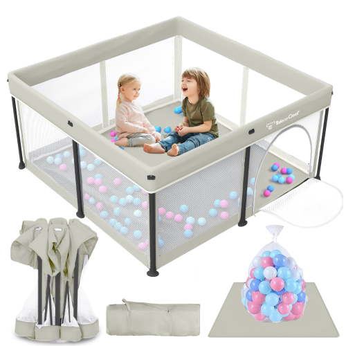 Foldable Baby Playpen with Mat, Collapsible Play Pen for Babies and Toddlers, Indoor & Outdoor Kids Safety Play Pen, Portable Play Yard with 50 Ocean Balls, 50"×50", Beige