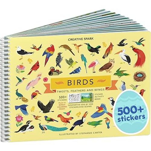 Cupkin Bird Sticker Book Activity for Kids, Toddler Airplane Travel Essentials, 500+ Parrot Stickers + 12 Scenes + 12 Coloring Book Pages, Bird Lover Kids Gift, Kid Crafts for Ages 2-8