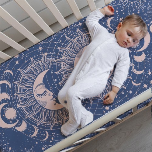 Boho Celestial Galaxy Sun Moon Stars Navy Blue And Gold Crib Sheets