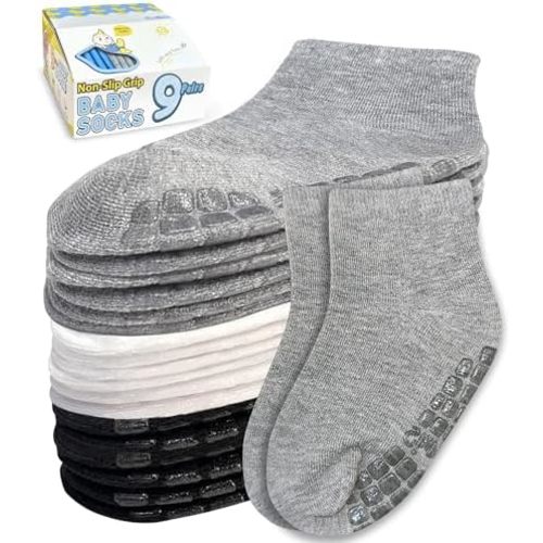 Baby Mid-Crew Socks with Grips (9 Pairs) for 0-7 Years Old Toddler Boy Girl Kids