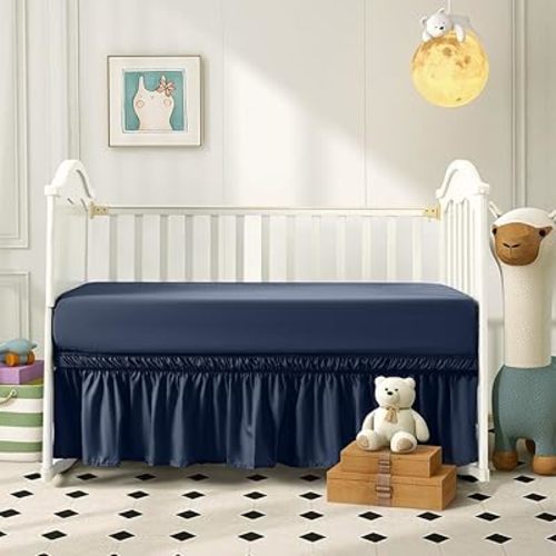 2 Piece Navy Crib Bed Skirt Fitted Sheet,Crib Sheet Bed Set for Toddlers Baby,52"x28" with 8" Pocket CribSheet,52"x28" with 14" Drop CribSkirt for Standard Toddler Bedding