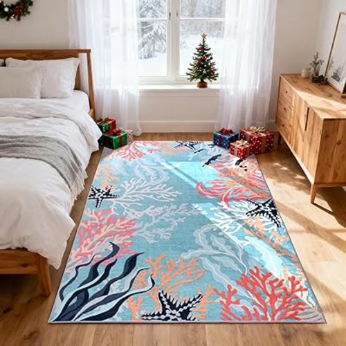 Ocean Coral Reef Themed Rug, Modern Soft Faux Wool Non-Slip & Easy to Clean Carpet, Decorative Rug for Living Room, Bedroom, Hallway, Porch, Patio, Home Decoration (Blue,4X6)
