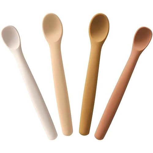 Moonkie Silicone Baby Spoons Set of 4, Toddler Spoons for Self Feeding 6 Months, Two Sizes Feeding Spoons for First Stage 4+ Months, Infant, Baby Utensils with Case, Bendable, Chewproof & Boil-proof