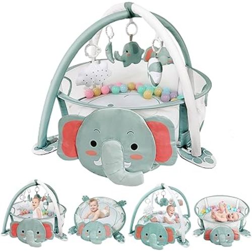 dearlomum 4-in-1 Baby Play Mat Baby Gym,Tummy Time Mat for Floor Activity Gym Ball Pit Including 30 Balls with 5 Infant Learning Sensory Baby Toys for Newborn Toddler Boy & Girl Gifts(Elephant)