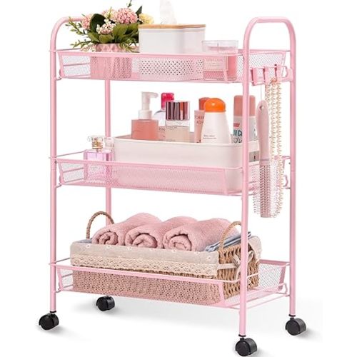 TOOLF 3-Tier Metal Rolling Cart, Mesh Wire Easy Assemble Utility Cart, Storage Trolley on Wheels with 3 Hooks, MetalStorage Shelving Units for Kitchen Bathroom Laundry Room