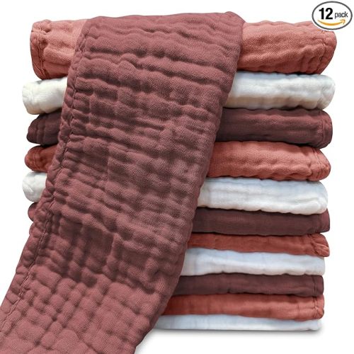 Muslin Burp Cloths for Baby 100% Cotton Burping Cloths for Unisex, Boy, Girl - Large 20'' by 10'' Newborn Essentials Ultra Soft Absorbent Milk Spit Up Rags - 12 Pack - White+Deep Bean Paste Series