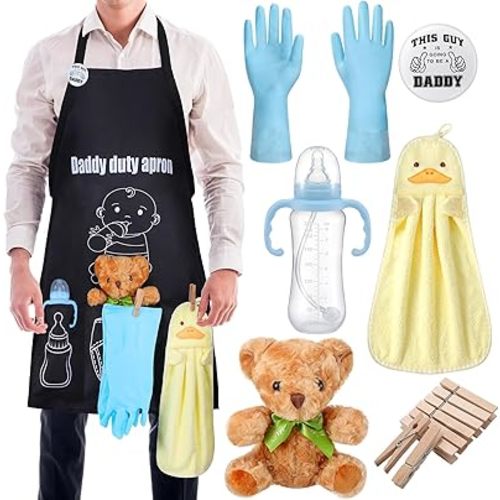 7 Pcs Daddy Duty Apron for New Dad Funny Diaper Apron for Baby Shower First Daddy to Be Father's Day Gift(Black,Classic)