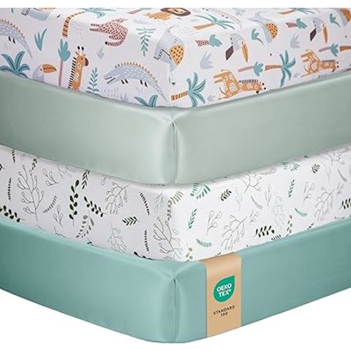 Baby Crib Sheets for Boys Girls, Set of 4 Toddler Bed Sheets, Fitted for 52x28 Inch Standard Crib Mattress Neutral, Breathable Microfiber, Zoo Woodland Animal World, Leaf, Light & Dark Green