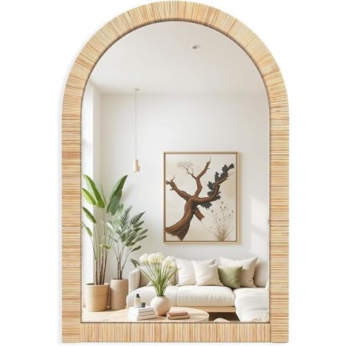 24x36 inch Rattan Arched Mirror for Wall, Bohemia Bathroom/Farmhouse Boho Mirrors, Vanity Irragular Decorative Arched Mirror, Suitable for, Bedroom, Living Room, Home Decoration