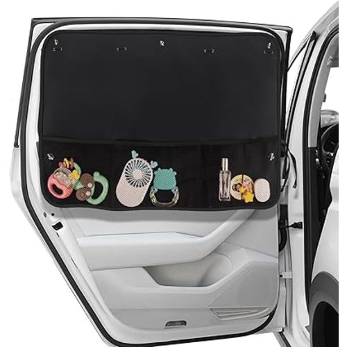 Car Sun Shade Side Window, Blackout Car Window Shade for Baby Privacy with Storage Net Pockets Car Curtains 7 Suction Cups for Heat/UV Protection Sun Block Covers (1 Pack)