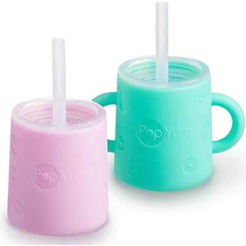PopYum Silicone Training Cup with Straw + Lid, 2-Pack for Baby, Infant and Toddler, Tumbler, Sippy, handles, 5 ounce (green, pink)