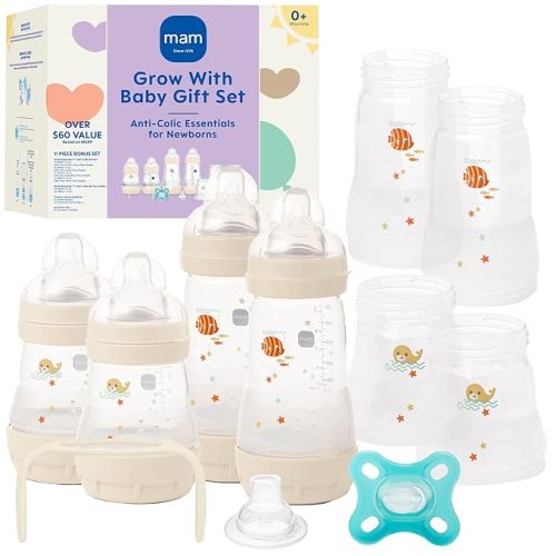 MAM Grow With Baby Anti-Colic Bottle Set – 4 Easy Start Bottles (5oz & 9oz) with Trainer Handles & Spout, Comfort Newborn Pacifier, Extra Bottle Bodies & Nipples | Self-Sterilizing Baby Feeding System