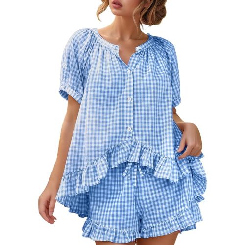 Womens Gingham Pajamas Set 2 Piece Cotton Pj Sets Ruffle Babydoll Shirt and Plaid Shorts