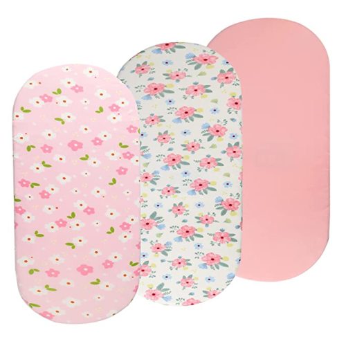 Bassinet Sheets Set 3 Pack for Baby Girl, Stretchy Soft Jersey Knitted Fitted Sheet Universal for Oval Rectangle and Hourglass Bassinet Mattress, Pink Floral