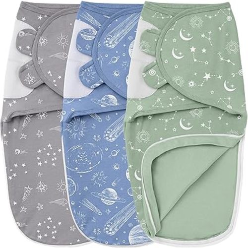Baby Swaddles for Newborns with Zipper, 100% Cotton Newborn Swaddle Sack, 3 Pack Baby Swaddles 0-3 Months Swaddle Sleep Sack for Newborn Baby Boy Girl Gray Green Constellation