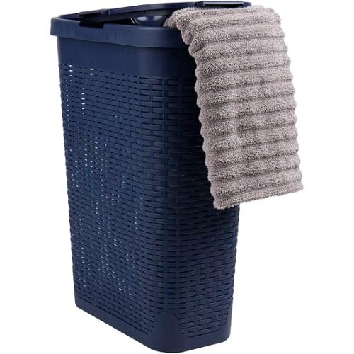 Mind Reader 40L Slim Laundry Hamper, Clothes Basket, Lid, Wicker Design, Plastic, 18"L x 10.4"W x 23.5"H, Navy