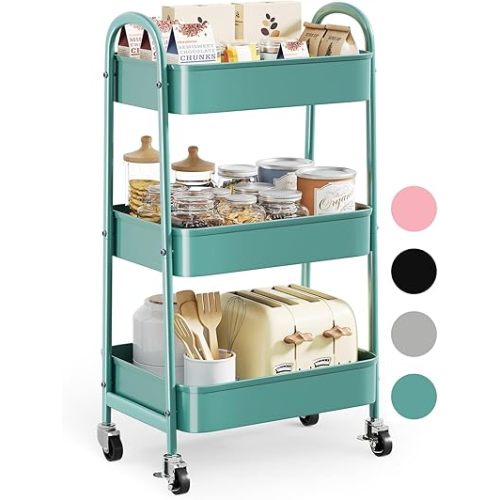 Green 3 Tier Rolling Cart Metal with Lockable Wheels & Handle, Three Tiered Craft Organizer Cart on wheels, Utility Storage Carts for Art, Baby Diaper, Snack, Nail, Lash, Cleaning, Kitchen, Bathroom