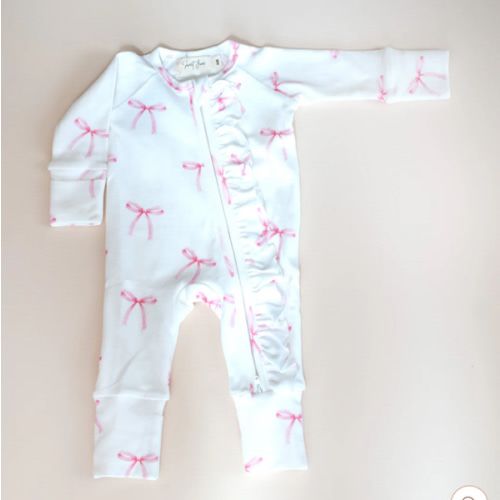 Ruffle Full Zip Romper| Pink Bows