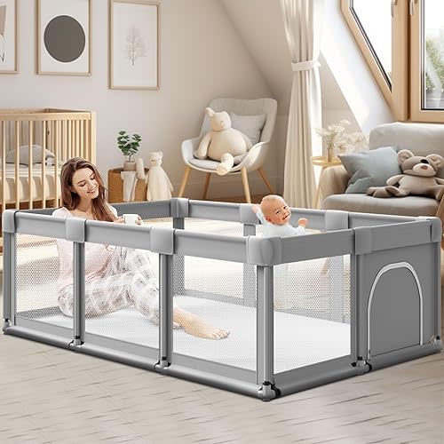 Baby Playpen with Gate, 74''x50'' Large Playpen for Babies and Toddlers, Indoor Active Center, Baby Playard Play Pen Fence with Soft Breathable Mesh Grey, 74×50 in