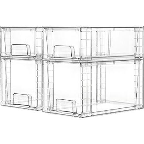 Vtopmart 4 Pack Clear Stackable Storage Drawers,Under Sink and Kitchen Organizers Storage,Easy to Assemble Plastic Drawers for Baby Bottle,Medicine, Bathroom,Cabinet and Pantry Organization