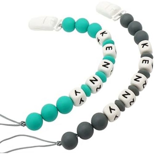 Personalized Pacifier Clip with Name, Customizable Pacifier Clip (2 Pack) (Turquoise + Grey)