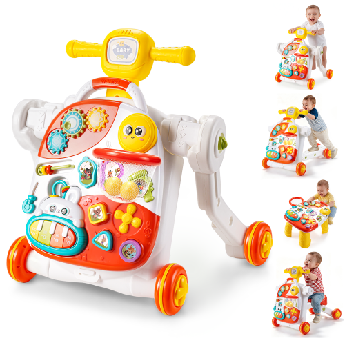 Yexmas 4-in-1 Baby Walker, Baby Push Walker with Wheels, Sit-to-Stand Baby Activity Center, Early Learning Walking Toys Gift for Toddlers