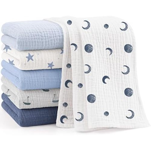 Bearmoss 6 Pack Muslin Burp Cloths for Baby, 100% Cotton Soft Large Burping Cloths for Unisex, Boy, Girl, 23.6" X 23.6" Newborn Essentials Absorbent Milk Spit Up Rags (Blue)