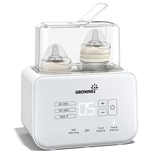 Baby Bottle Warmer, Grownsy 8-in-1 Fast Milk Warmer with Timer Breastmilk or Formula, Fits 2 Bottles, Accurate Temperature Control, with Defrost, Sterili-zing, Keep, Heat Baby Food Jars Function - White