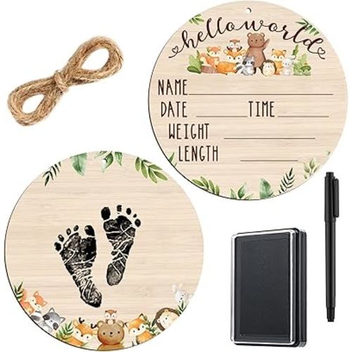 Thyle Baby Announcement Wooden Name Sign for Hospital Birth Double Sided Newborn Welcome Sign with Marker Pen and Ink Pad for Baby Shower Hand Footprints(Jungle)