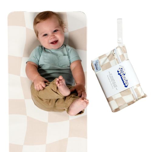 Vegan Leather Changing Mat with Reusable Waterproof Wet Bag - Non-Toxic, Portable Diaper Pad That Folds and Wipes Clean (16 x 30 Inches) (Checkered)