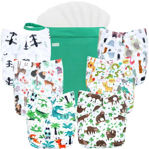Wegreeco Washable Reusable Baby Cloth Pocket Diapers 6 Pack + 6 Bamboo Inserts (with 1 Wet Bag, Forest, Animals)