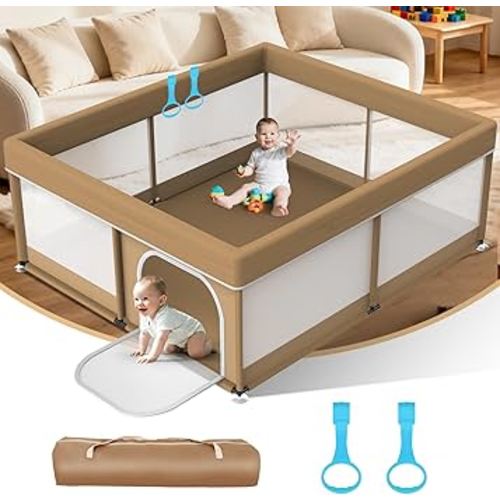 79x71 Baby Playpen - Portable Extra Large Playpen for Babies and Toddlers - Baby Play Pen with Visible Mesh & Zipper Door - All-Wrapped Sponge Safe Sturdy Play Yard with 2 Handles & Storage Bag, Khaki