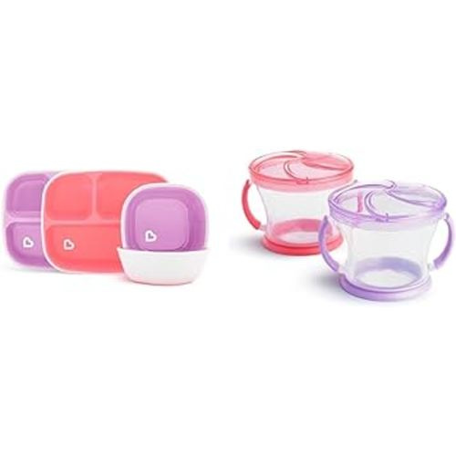 Munchkin® Splash™ 4 Piece Toddler Divided Plate and Bowl Dining Set, Pink/Purple & ® Snack Catcher® Toddler Snack Cups, 2 Pack, Pink/Purple
