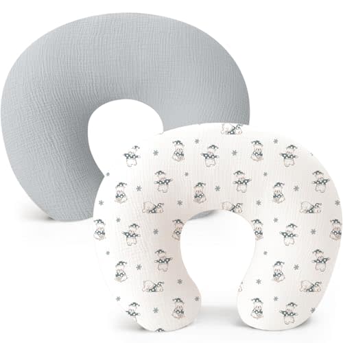 Konssy Muslin Nursing Pillow Covers, Soft and Cute Nursing Covers for Breastfeeding Pillows, Ideal for Newborn Baby Boys and Girls (Grey, Polar Night) - 2 Pack