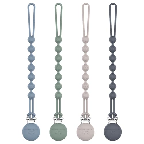 Cuddle Campus Silicone Pacifier Clip Holder with One Piece Design, Pack of 4 Soft Flexible Binky Clips with Texture for Baby Boy and Girl Set 6(0-6M)
