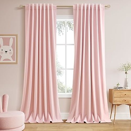 Nanspring Pink 100% Blackout Linen Curtains 96 Inches Long for Bedroom Back Tab Thermal Insulated Modern Farmhouse Decor Black Out Girl Curtain for Living Room Coastal Drapes 52x96, 2 Panels