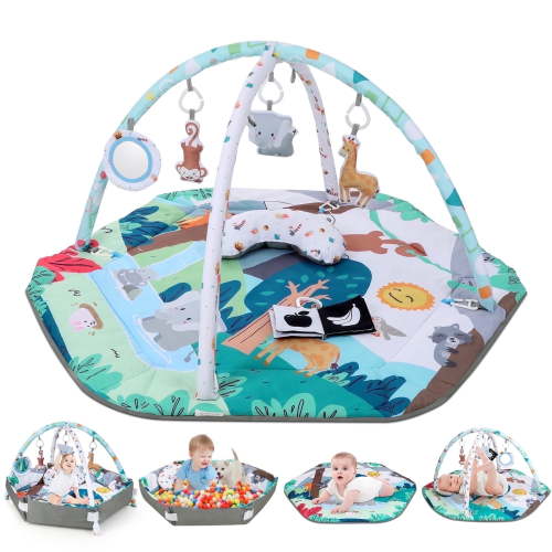 4-in-1 Baby Activity Gym & Tummy Time Play Mat, with 6 Detachable Sensory Toys, 0-36 Months, Sensory Motor Development, Newborn Infant Gift