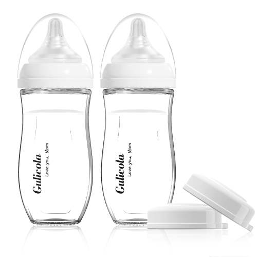 Gulicola Natural Glass Baby Bottles 8oz 2-Pack, Anti-Colic, Medium Flow Nipple for Breastfed Infants