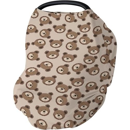 Neutral Boho Bears Car Seat Cover for Baby Cute Brown Bear Stretchy 5-in-1 Covers Adjustable Car Canopy Breastfeeding Cover Watercolor Bears Animal Breathable Nursing Cover-Up