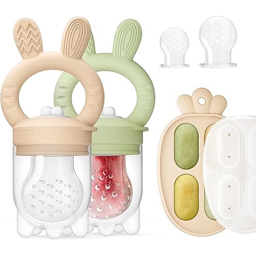 2 Packs Baby Fruit Feeder & Freezer Nibble Tray Combo, Push Pop Baby Food Feeder to Safely Introduce New Foods, Fresh & Frozen Food Silicone Feeder, 100% Food Grade, BPA Free (Caramel & Olive)