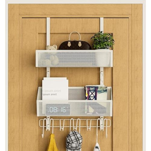 Over The Door Organizer Hanging Coat Rack with 2 Mesh Baskets 11 Hooks, Stainless Steel Door Hanger Back of Door Storage Shelves Towel Rack for Bathroom, Bedroom, Kitchen (Ivory)