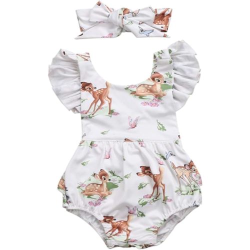 Infant Baby Girl Ruffled Cap Sleeve Sunsuit Romper with Self-Tied Headband 2 pcs Outfit Set