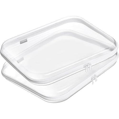Hard Sided Clear Zipper Case for Storage- Professional-Grade Plastic Clear Zipper Pencil Case,Toy Storage Bins, Toiletry Pouch, Travel Organizer, Cosmetic Bag(White,2 Pack, L)