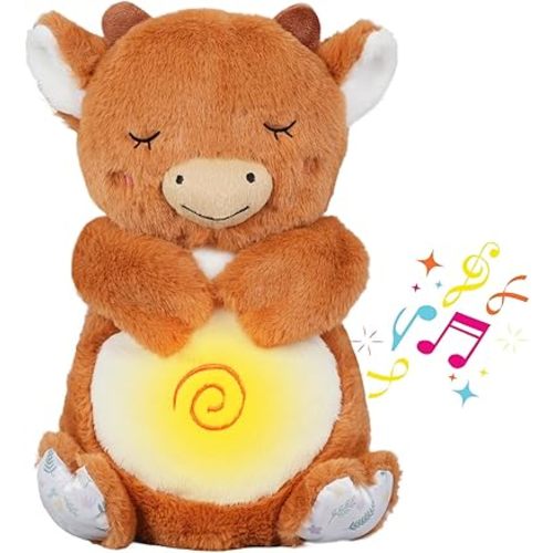 Breathing Stuffed Animal, Cow Plush, Sleeping Plush for Kids Toy Birthday Gift with Sensory Details Musical Lights and Rhythmic Breathing Sleep Companion (Brown)
