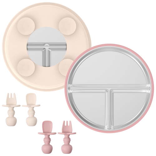 LINFANG 2 Pcs Stainless Steel Baby Plate with Suction Divided Toddler Plate with Removable Nonslip Silicone Sleeve for Babies and Toddlers Dishwasher Safe with Spoons and Forks