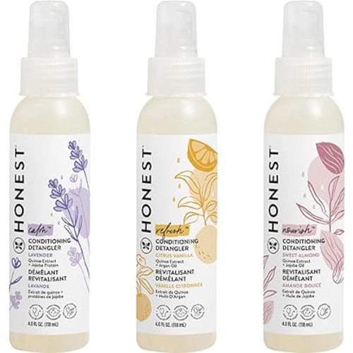 The Honest Company Conditioning Hair Detangler Spray Variety Pack | Tear-Free + Hypoallergenic | Lavender, Citrus Vanilla, Sweet Almond | 4 fl oz each (pack of 3)