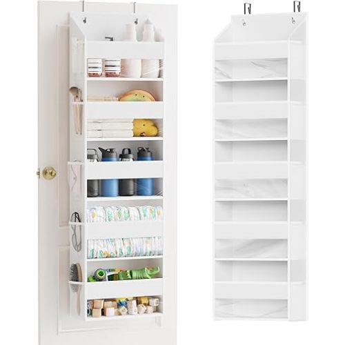 SpaceAid 1 Pack Over The Door Organizer with 5 Large Pockets and 10 Mesh Side Pockets, 5 Layers Door Organizer Hanging with Clear Window for Bedroom, Bathroom, Pantry and Nursery, White