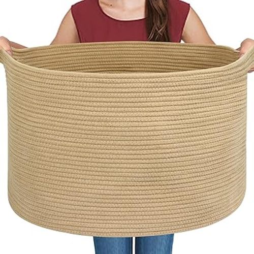 Large Jute Storage Bin, 22" X 22" X 14" Soft Cotton Rope Basket With Handle, Stuffed Animal Toy Organizer