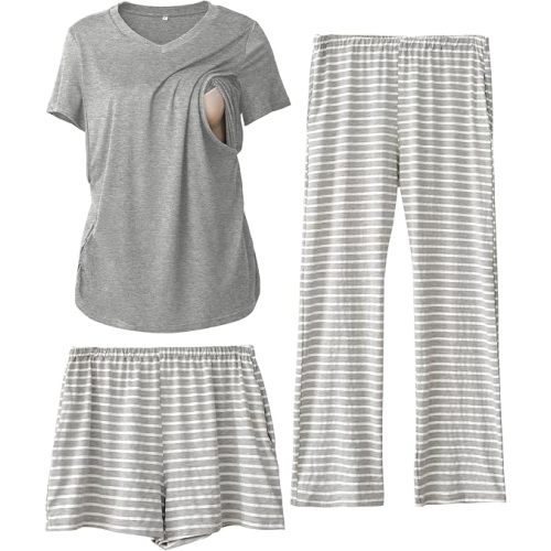 Rnxrbb 3 Piece Women's Maternity Nursing Pajamas Set V Neck Breastfeeding Pjs Sleepwear Postpartum Shorts&Pants Pockets