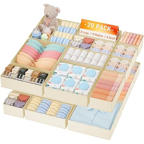 DIMJ Drawer Organizer Clothes, 20 Pack Dresser Organizer, Foldable Closet Organizers and Storage, Fabric Dresser Bins, Drawer Dividers for Nursery, Baby Clothes, Underwears, Sock (Beige)